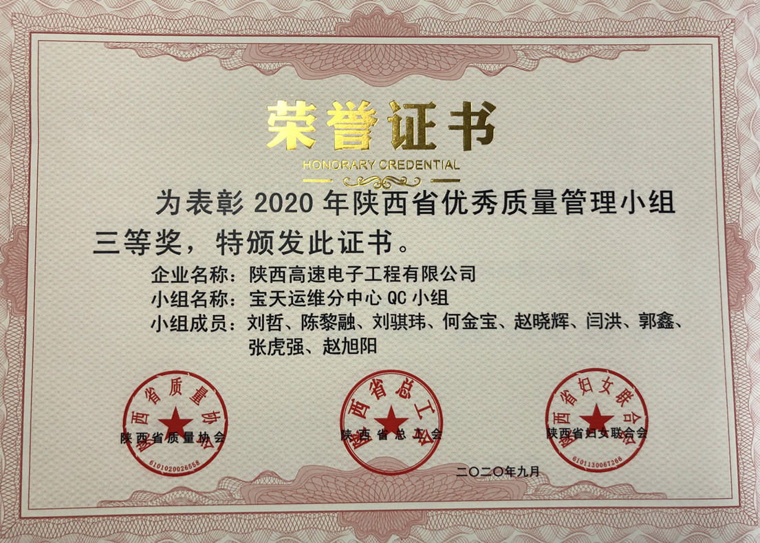陜西省優秀質量管理小組三等獎